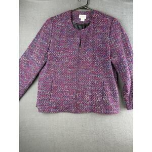 Vtg Koret Womens Tweed Blazer Zip Up Satin Lined Jacket Sz 14 Wool Blend